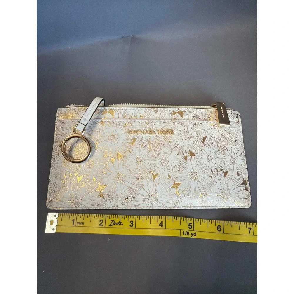 Michael Kors Slim Card Case Wallet Gold Floral Cream Leather Zip Key Ring